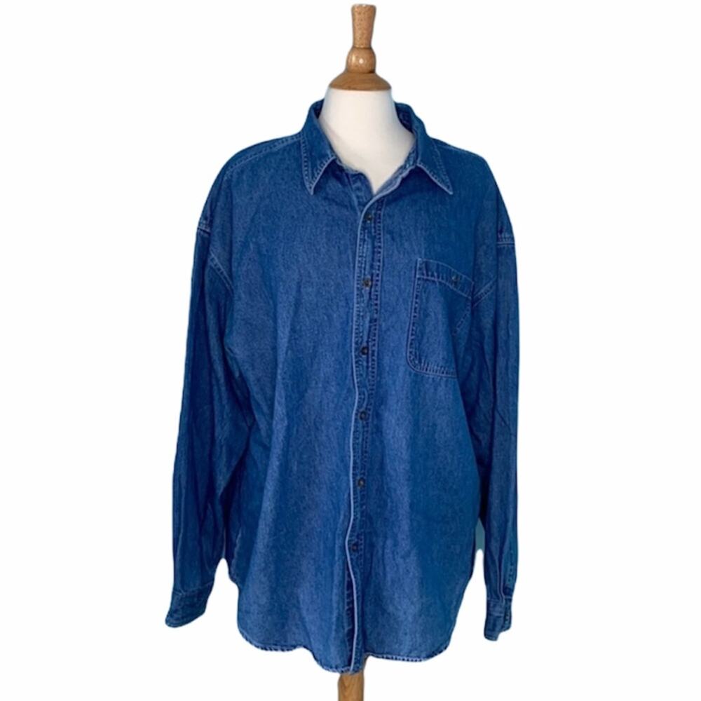Arizona Mens Denim Long Sleeve Button Up Dad Shirt Farmer 100% Cotton